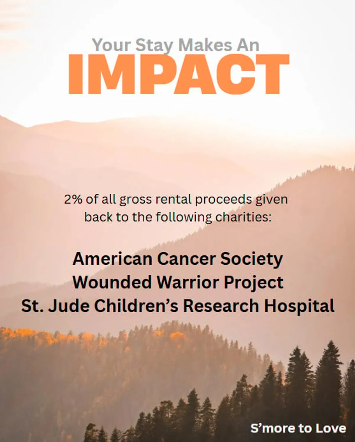 This scenic view includes text promoting charitable giving, overlaying a beautiful mountain landscape. Charity names and uplifting phrases highlight the positive impact of each stay, set against the natural beauty of the surroundings.